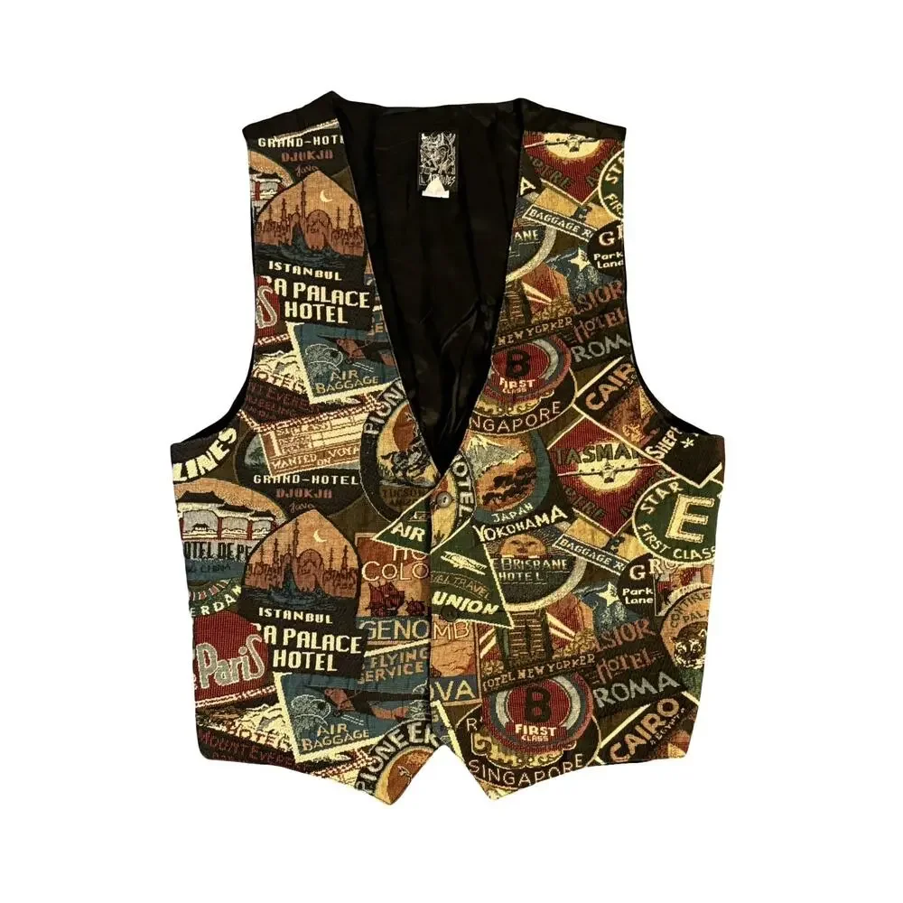 Lattitudes Vest Mens Size XL Graphic Black Multi Art Streetwear Boho 90s Arts
